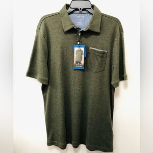 Tahari men’s short sleeve interlock polo, moss green, size L, back length 31”.